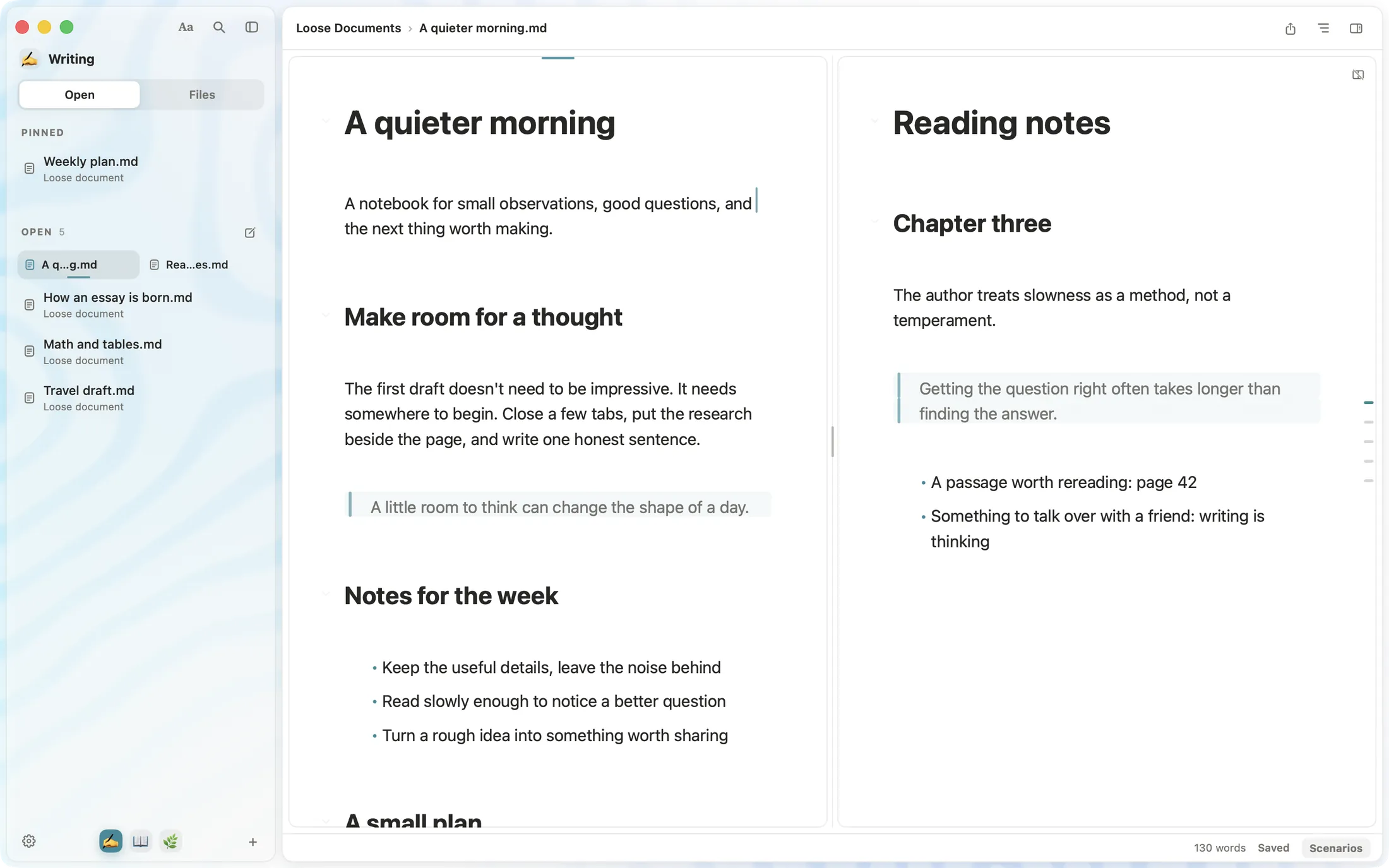 SSmd split view: A quieter morning and Reading notes side by side, with three spaces at the bottom of the sidebar